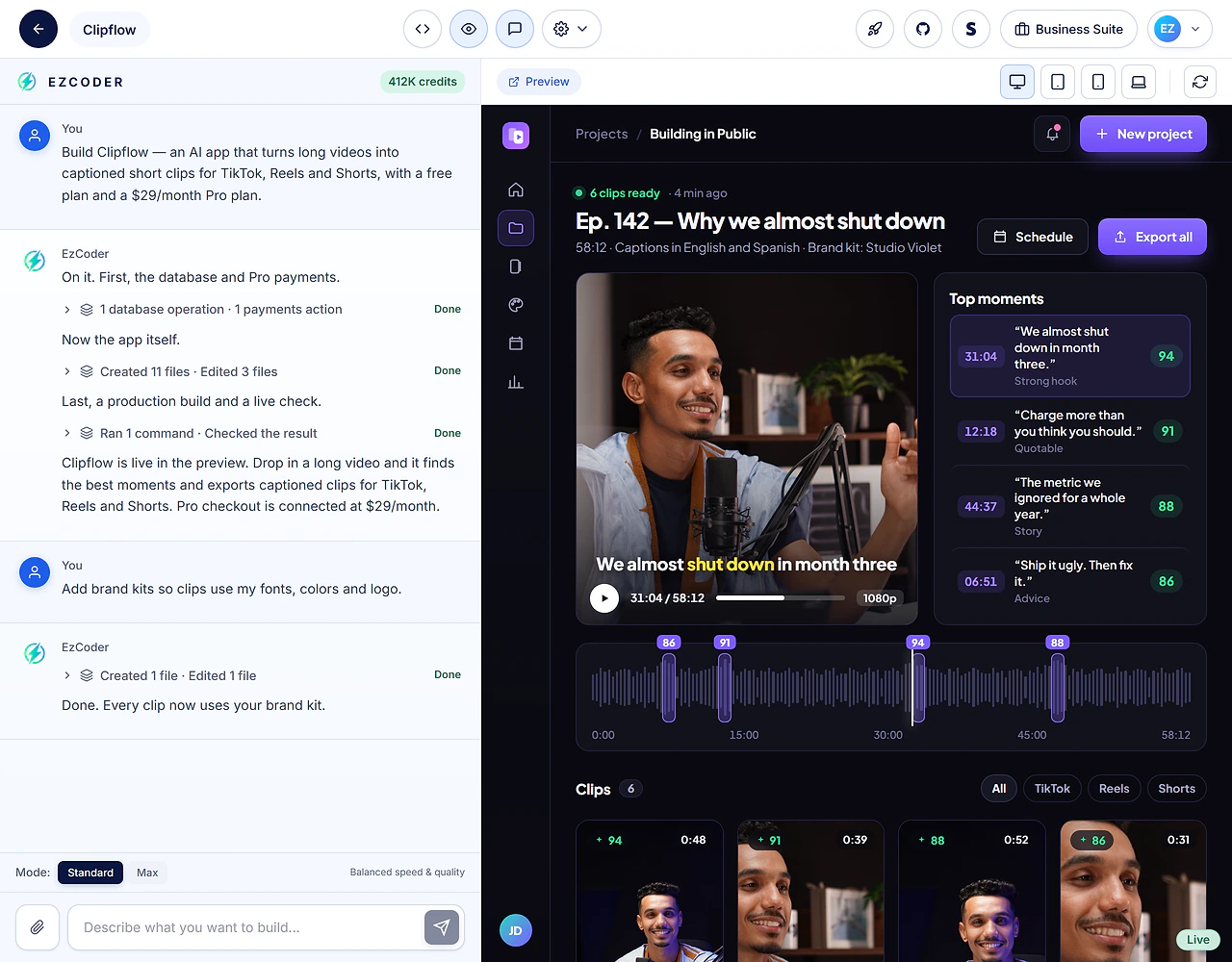 The EzCoder editor after a one-sentence build: the chat shows the request for Clipflow, an AI app that turns long videos into captioned short clips, the build steps, and a follow-up that adds brand kits; the live preview shows the finished app with its AI-found moments and vertical clips.